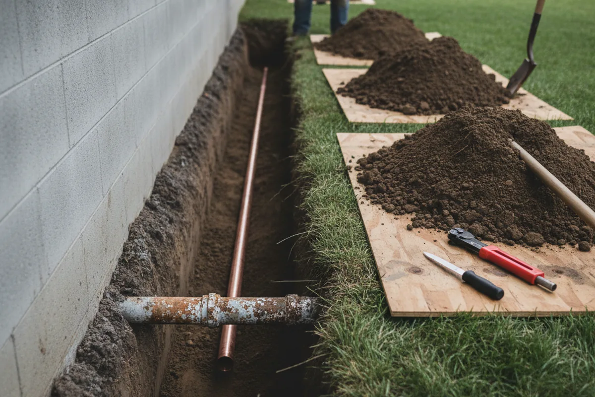 Excavated water line trench during Water Softener Installation in Birdsnest